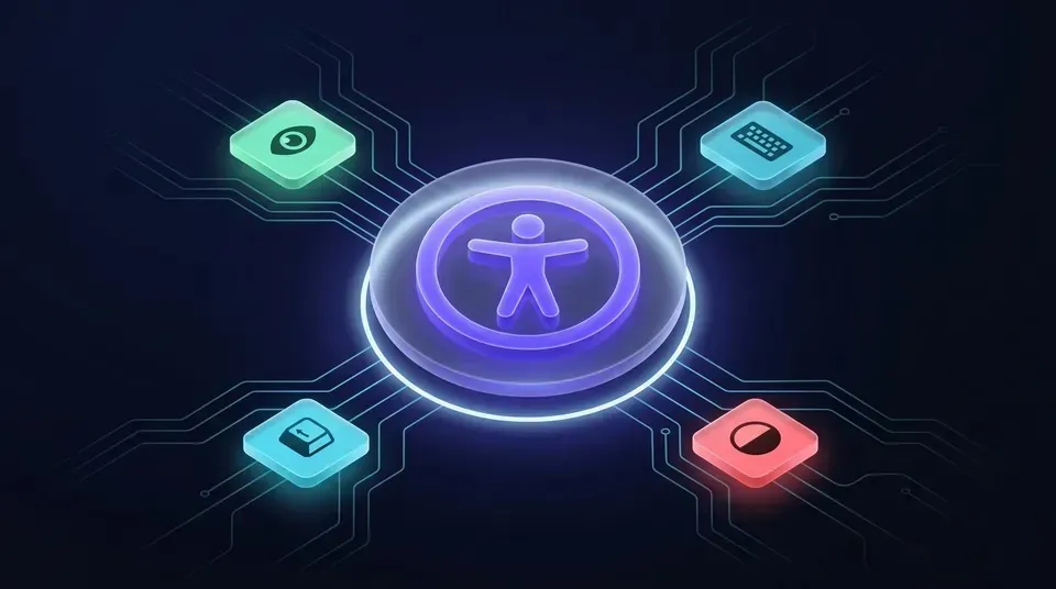 Símbolo universal de accesibilidad rodeado de iconos de ojo, teclado y contraste unidos por trazas de circuito