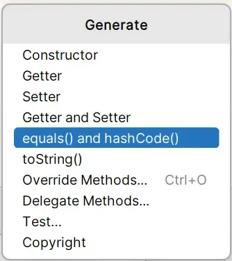 Menú de generación de métodos con Ctrl+Enter