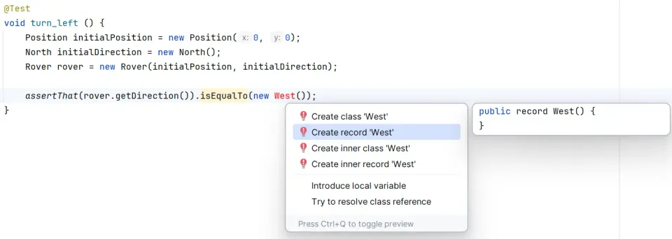 Alt+Enter para crear un record desde el test