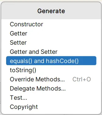 Menú de generación de métodos con Ctrl+Enter