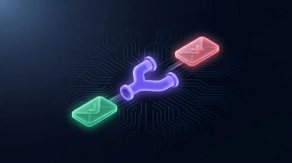 Violet Y-shaped pipe splitting into a green checkmark envelope and a red X envelope