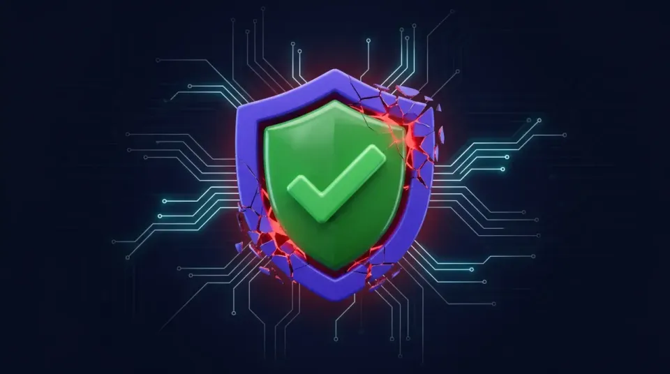 Green check-mark shield breaking apart with red glowing cracks over a dark circuit board.