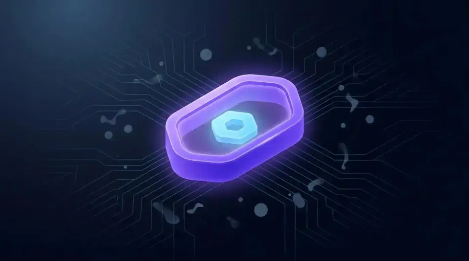 Glowing violet capsule with a cyan hexagonal token inside, on a navy background with circuit lines