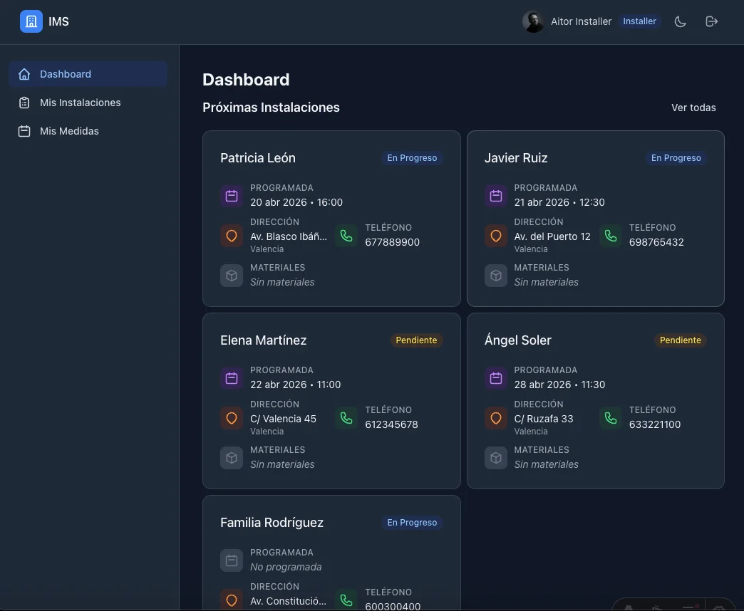Dashboard del instalador