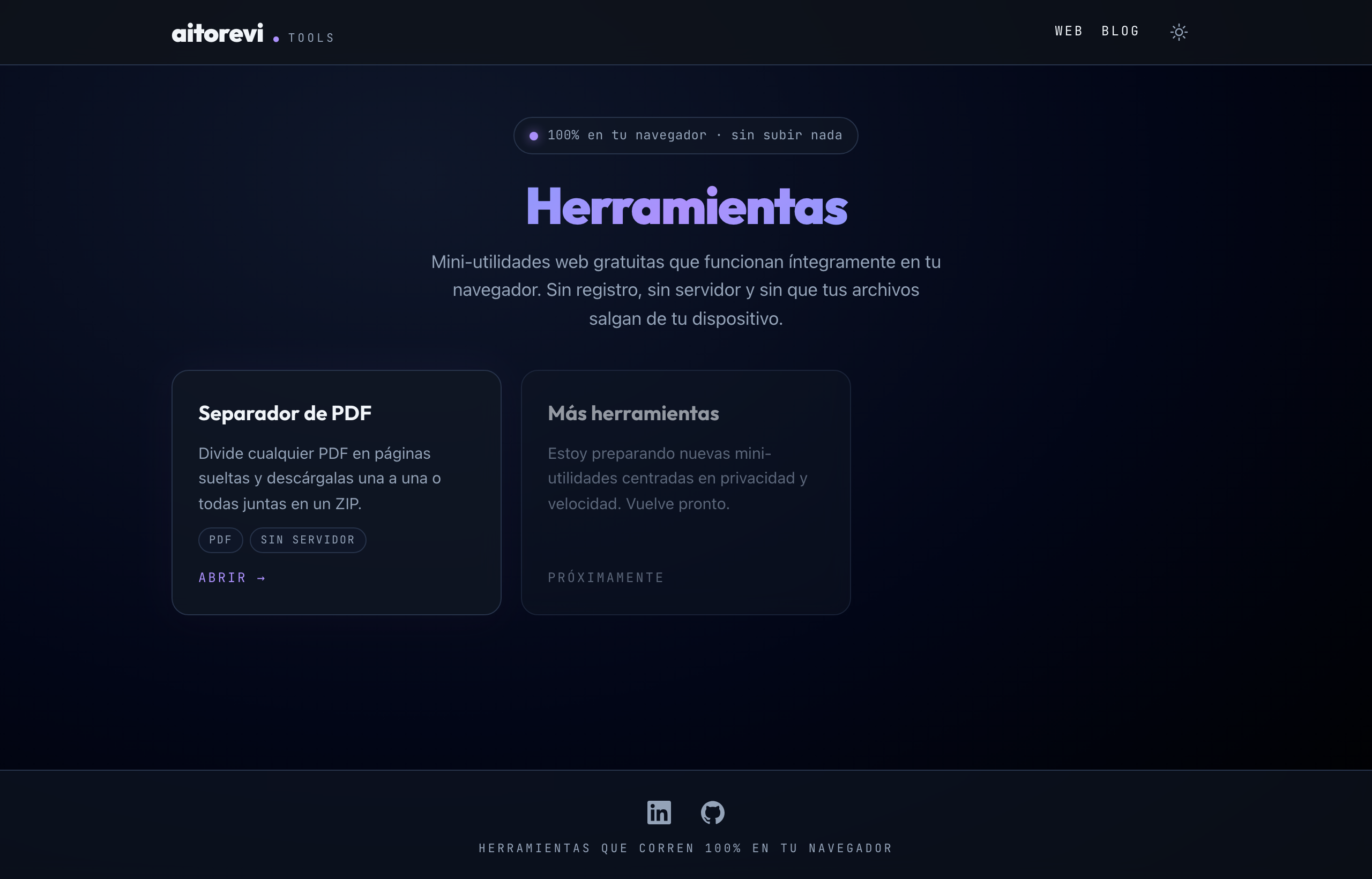Landing de tools.aitorevi.dev con la cuadrícula de tarjetas de herramientas y la tarjeta del separador de PDF
