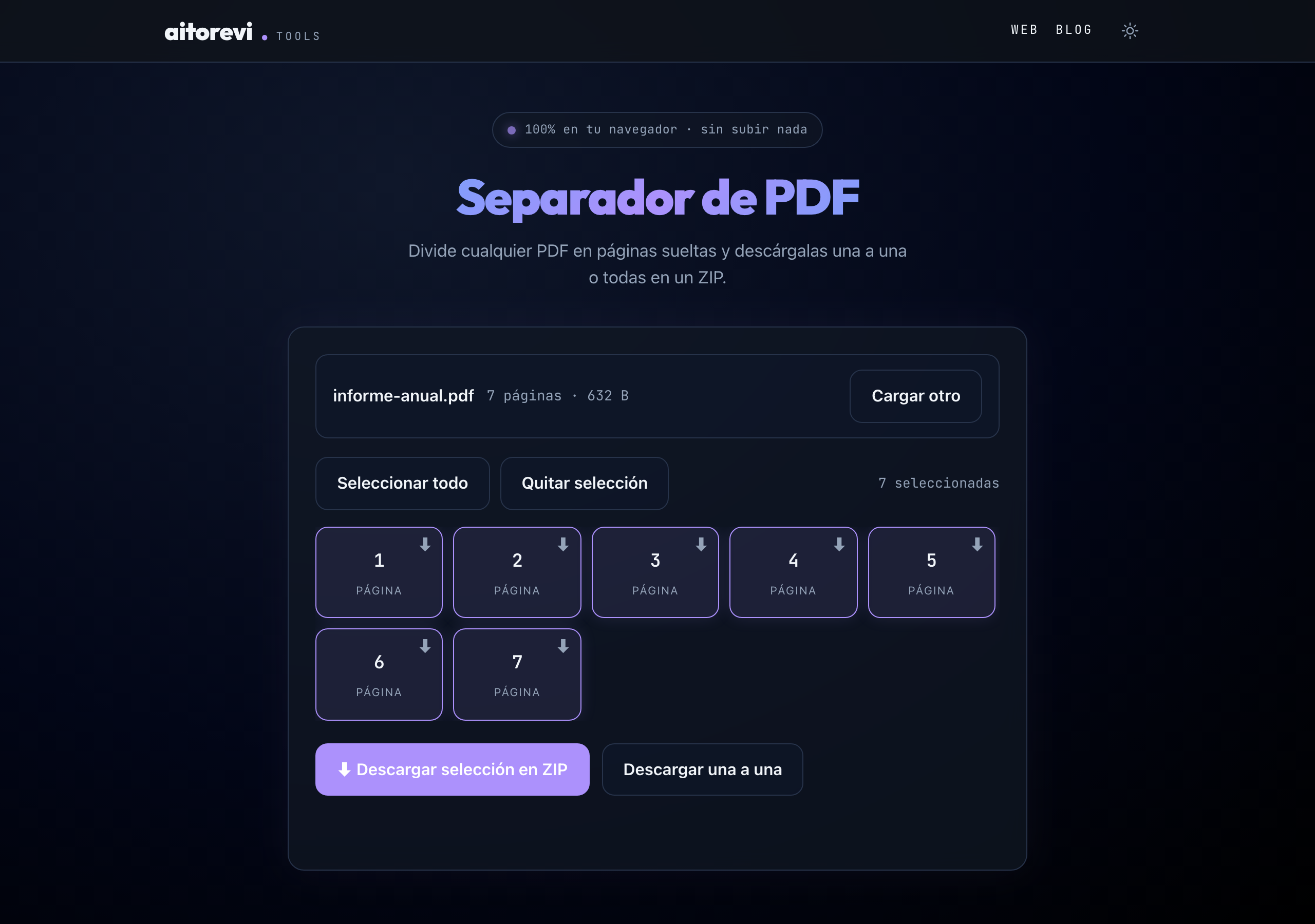 Separador de PDF con un documento cargado, mostrando las páginas seleccionables y los botones de descarga individual o en ZIP