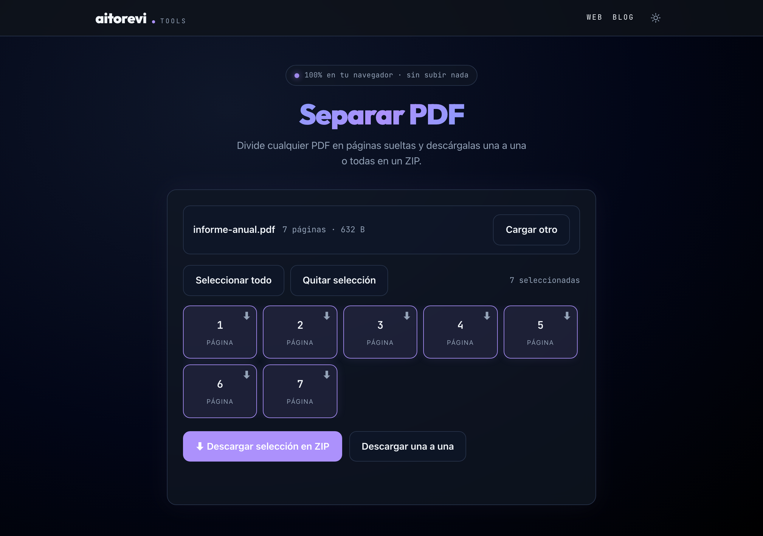 PDF splitter tool with a document loaded, showing the selectable pages and the buttons to download individually or as a ZIP