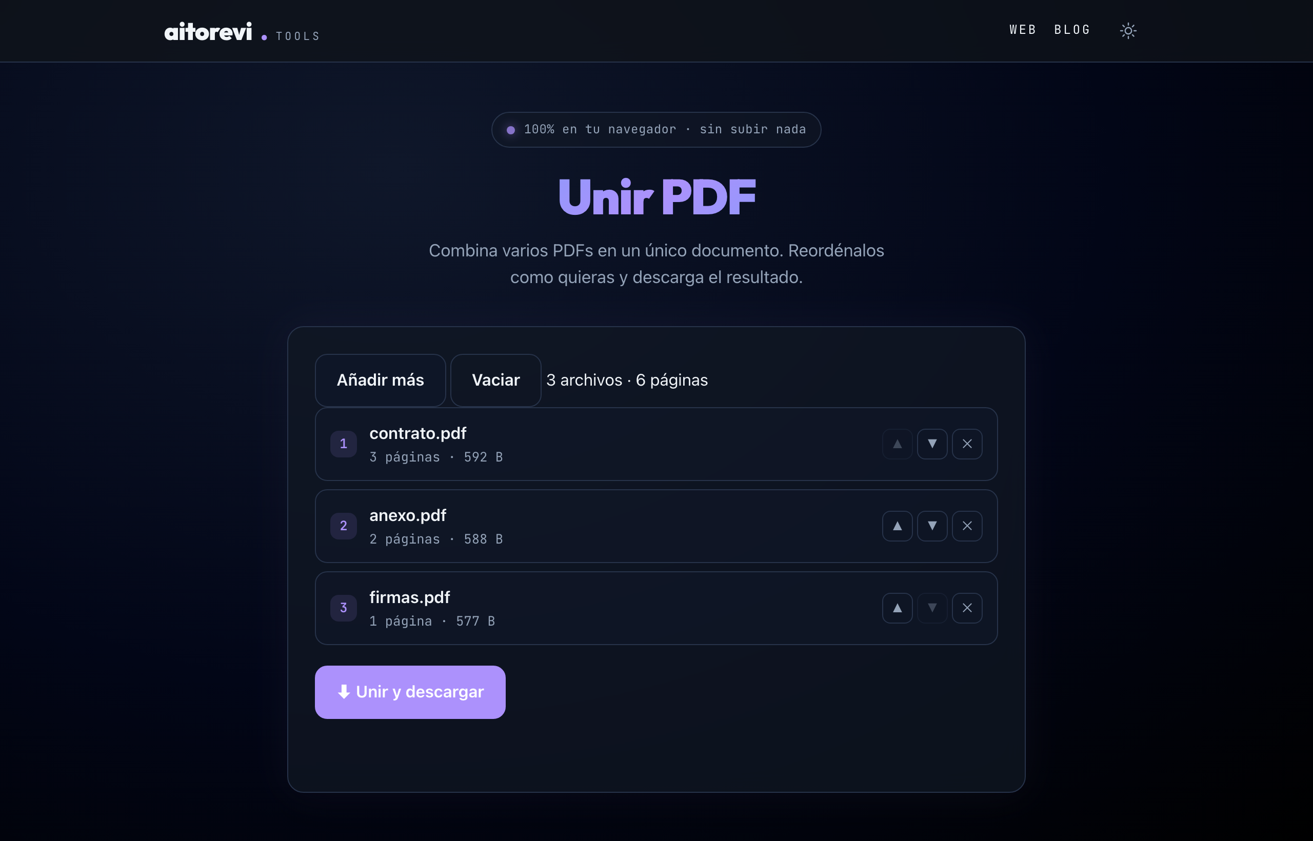PDF merger tool with several documents queued, reorderable, ready to be combined into a single PDF